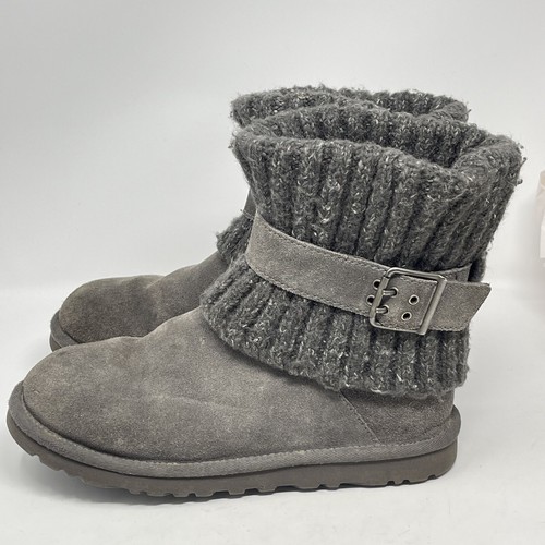 Ugg Australia Cambridge Boots Womens 6 Gray Suede Knit Buckle Ankle 1006013 - Picture 2 of 16