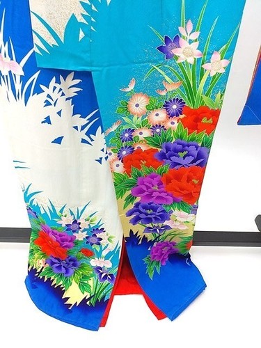Vestido kimono Furisode L azul seda vestido de boda vintage manga larga floral envío gratuito - Imagen 5 de 12