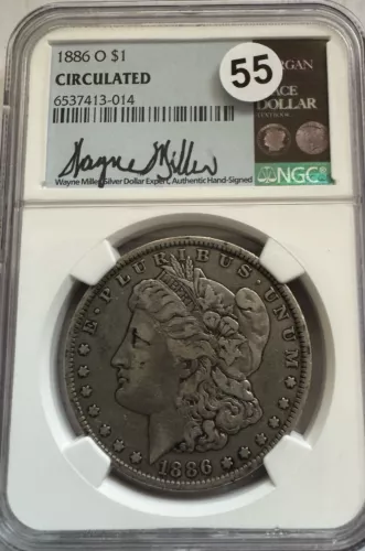 1886 -O Morgan Silver Dollar NGC Circulated *Key Date*. Wayne Miller Label # 55