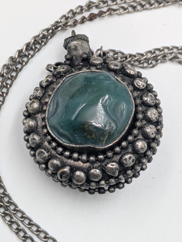 Vintage Tibetan Gemstone Metal Perfume Scent Snuff Bottle Necklace Container - Picture 2 of 8