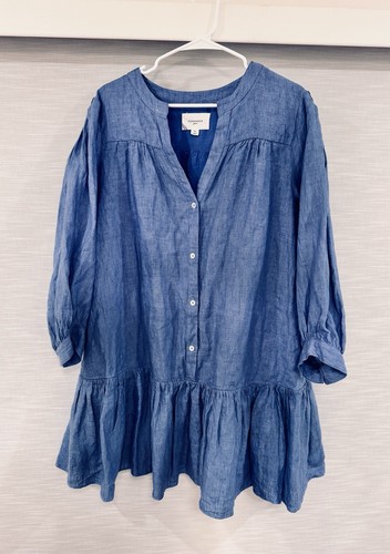 POMANDER PLACE Lake Blue Linen Blend Split Neck Frankie Dress Women’s Sz XL - Picture 3 of 11