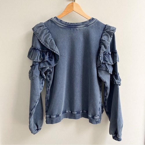 Tularosa 100% Baumwolle Frottee Katze Rüschen Pullover Rundhals Sweatshirt Blau XS - Bild 2 von 5