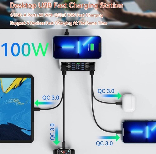 100W 8 Port Charging Station for Multiple Devices with 4 QC3.0 4 USB C PD Ports - Picture 7 of 10