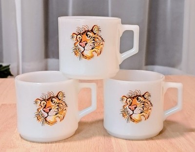 3 Vtg Fire King Tony Tiger Esso Exxon Tiger in Your Tank Milk Glass Mug Cups