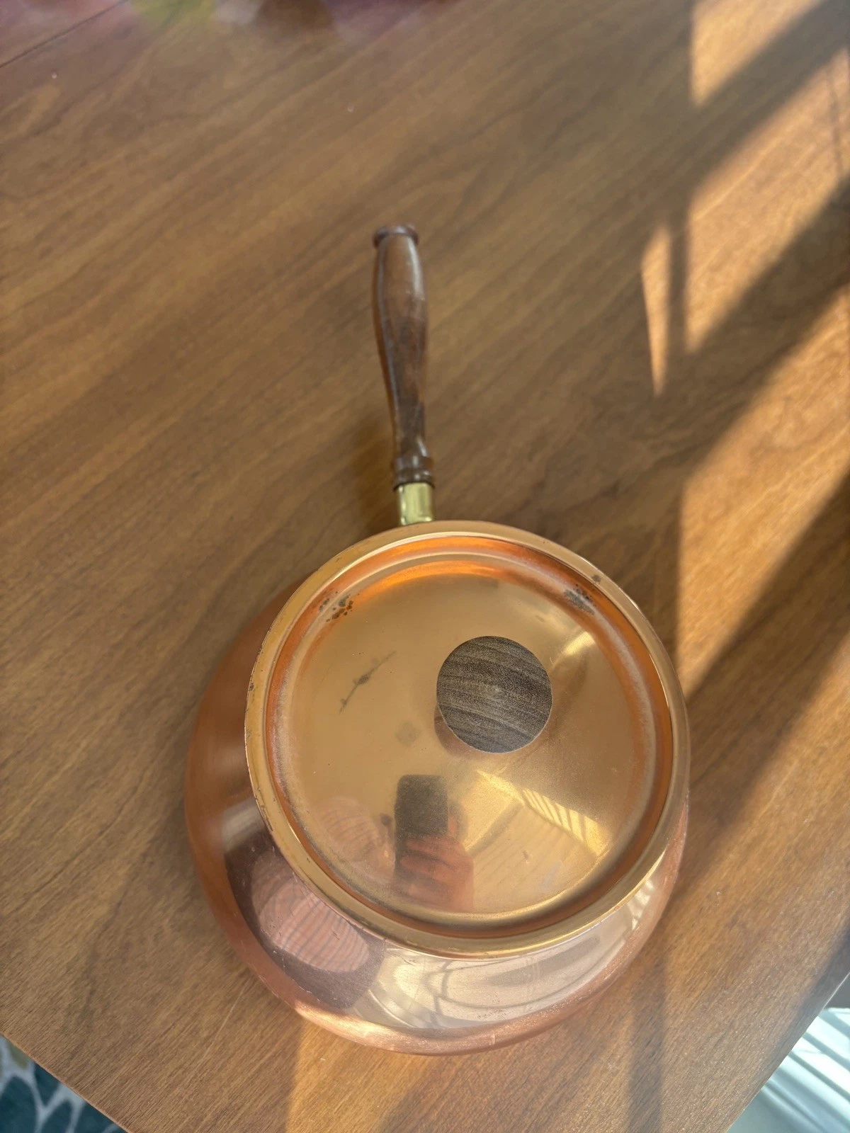 PORTUGAL COPPER FONDUE SMALL POT WITH LID & WOODEN HANDLE VINTAGE