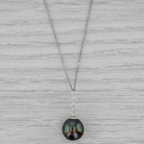 Effy Cultured Black Pearl Pendant Necklace 14k White Gold 17.5" Singapore Chain - Picture 2 of 6
