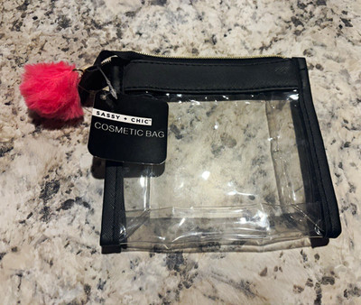 Sassy + Chic Clear Plastic Makeup Bag Black Trim Zipper Pouch w/ Pink Pom Pom