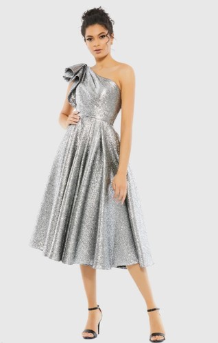 Mac Duggal 67906 Silber One-Shoulder-Midikleid mit Schleife - Größe 6 UVP 498 $