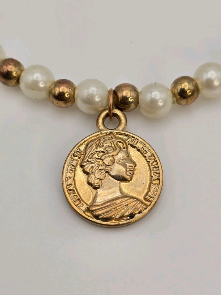 Ancient Greek Faux Gold Coin Charm Bracelet White & Gold Tone Stretchy FREE $HIP - Image 3 of 4