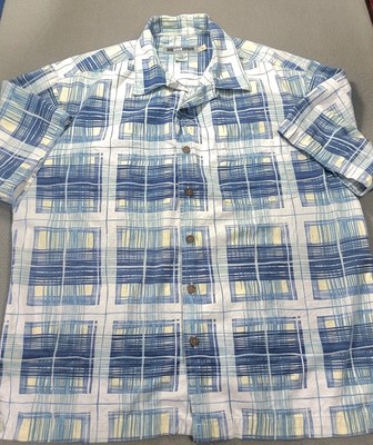 Quicksilver Mens Shirt Geometric Camp Cotton Blend Blue White Yellow Casual Med