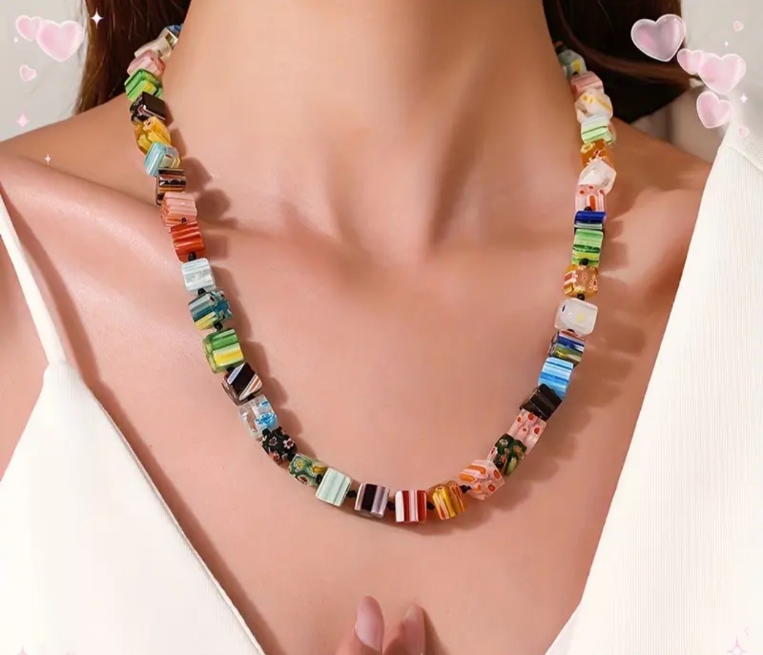 Murano Style Multicolor Thousand Flower Glass Cube Beaded Necklace (21.65in)