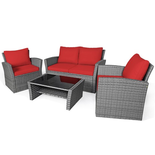 4PCS Patio Rattan Conversation Set Outdoor Furniture Set w/ Red Cushions - Picture 2 of 10
