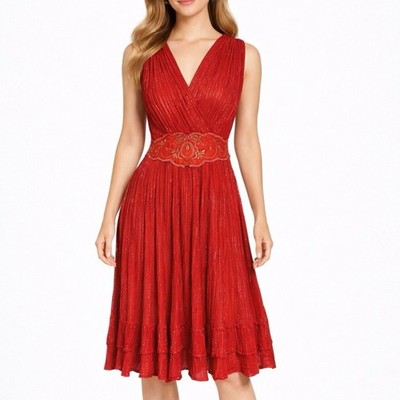 Red Gold Embroidered Goddess Midi Dress Smocked Back Deep V-Neck Small