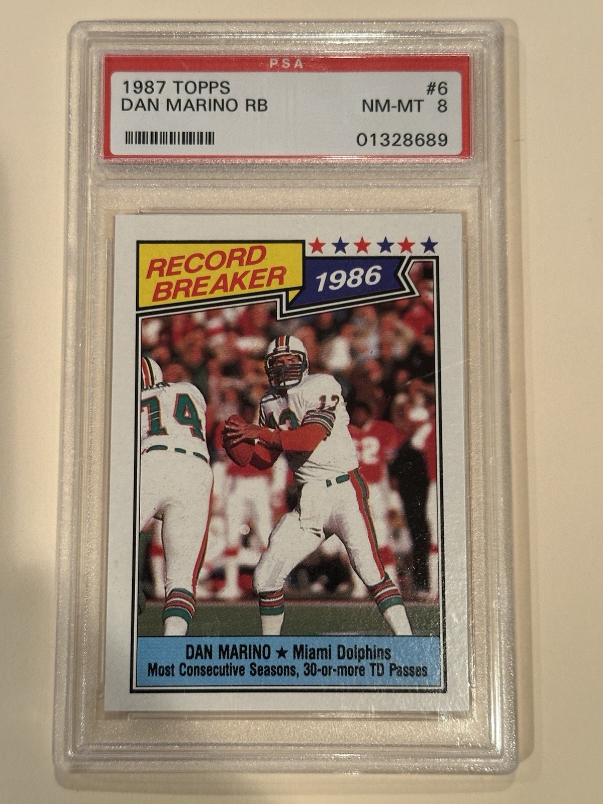 1987 Topps Football #6 DAN MARINO - RECORD BREAKER - QB - DOLPHINS - HOF - PSA 8