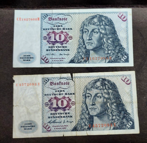 German 10 Zehn Deutsche Mark 1970 banknote P-31 2 notes US seller