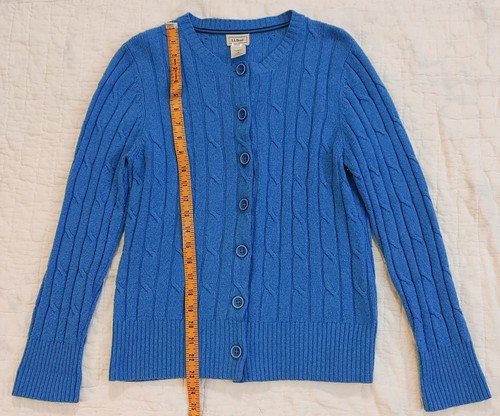 LL Bean Blue Lambswool Blend Cable Knit Cardigan Sweater Womens sz M Ribbed - Picture 6 of 9