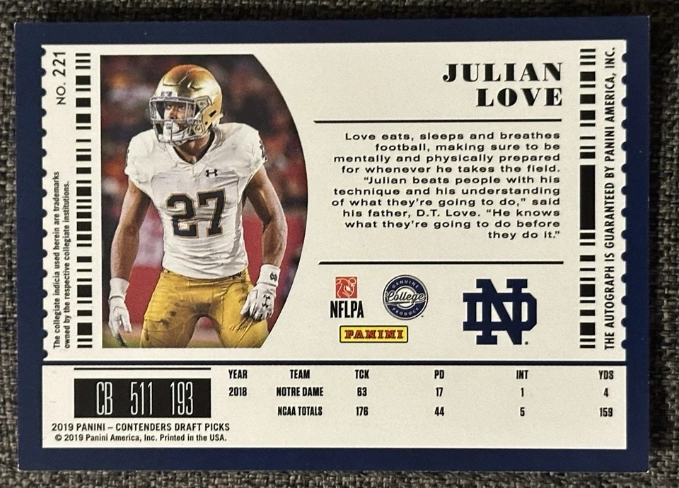 2019 Contenders Draft Picks College Bowl Ticket /99 Julian Love RC Auto Giants - Image 2 of 4