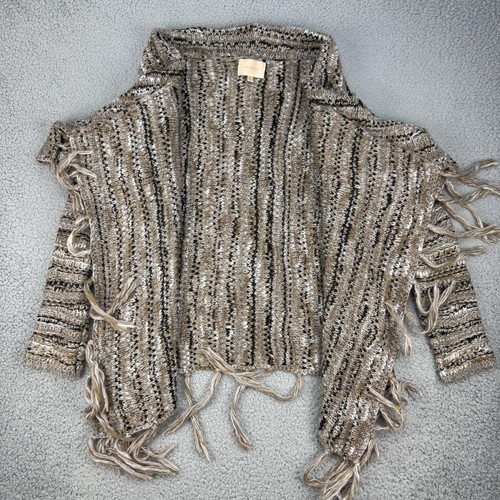 Skies Are blu cardigan donna beige medio frange aperto davanti scialle colletto boho - Foto 5 di 10