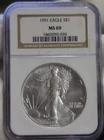 1991 US Silver Eagle $1 NGC MS69 Brown Label