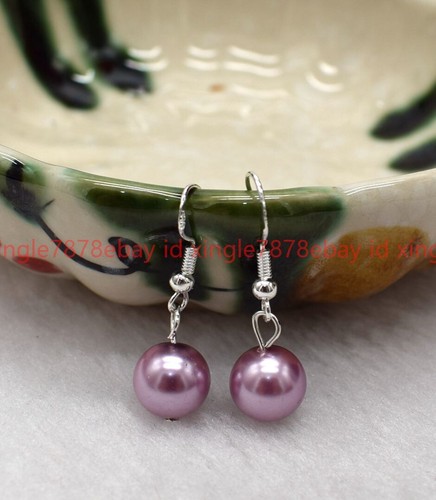 Beautiful Fashion 10mm Purple Shell Pearl Gems Round Beads Hook Dangle Earring - Picture 10 of 12