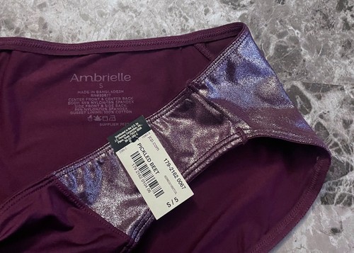NWT AMBRIELLE S MAROON SILVER SHINE SMOOTH STRETCH NYLON SPANDEX BIKINI PANTIES - Picture 2 of 4