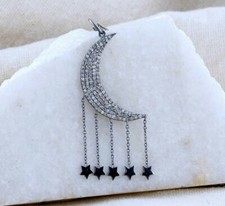 Pave Diamond Crescent Moon Pendant 925 Sterling Silver Moon And Star Charm Gift.