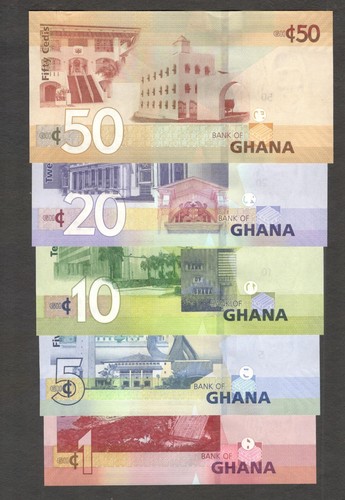 Lot 5 Pcs Set Ghana 1 5 10 20 50 Cedis P-45 To 49 2019 UNC - Picture 2 of 6