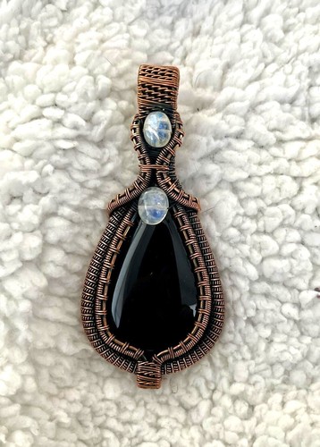 Copper Wire Wrap Pendant Black Onyx Moonstone Accents Handcrafted - Picture 4 of 4