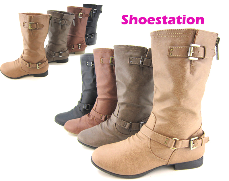 NEW Womens Shoes Fashion Boot Mid Calf Riding Motorcycle Military Slouch Flat NEW Womens Shoes Fashion Boot Mid Calf Riding Motorcycle Military Slouch Flat
