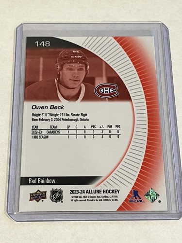 2023-24 Allure Hockey Owen Beck RC #148 Red Rainbow Montreal Canadiens - Imagen 2 de 2