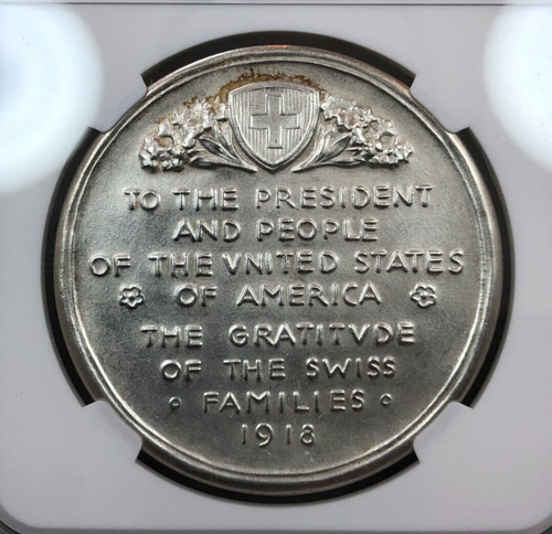 1918 Dated Switzerland SM-215 Gratitude To The USA Silver Medal ~ NGC MS63 - Picture 4 of 4