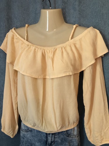 Off The Shoulder Crop Top Size Large Gauzy Yellow Crepe 3/4 Puff Sleeve Flounce - Picture 3 of 8