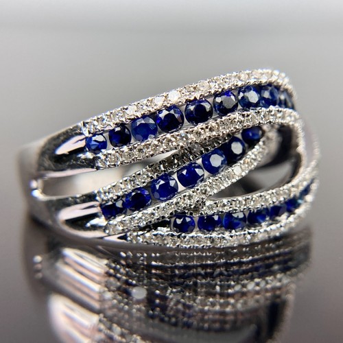 EFFY 14k Diamond & Sapphire Crossover White Gold Ring Size 7 - Picture 5 of 9