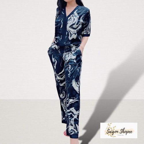 Women's Silky Satin Pajamas Set Short Sleeve with Long Pant - Picture 4 of 18