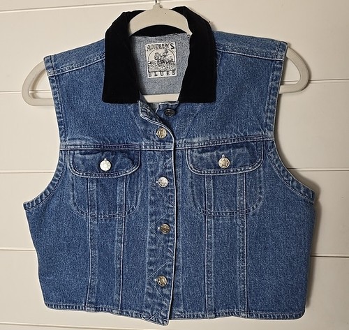 Vintage 90s Cropped Denim Vest With Velvet Collar Size M Western Cowgirl Horse