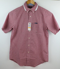 New Chaps Easy Care Mens Button Down Short Sleeve Plaid Shirt Red White Blue S