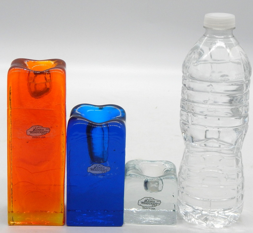Blenko Glass Ice Block Set of (3) Amber Blue Clear Rectangle 2019 Candle Holders - Picture 11 of 11