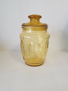 Vtg-Amber-Gold-Glass-Canister-Thumbprint-Apothecary-Design-Sealing-Lid
