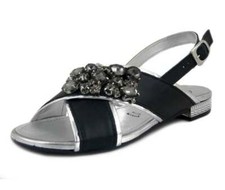 Women's Flat Jewelry Sandals 36 Black Leather Silver Low Heel Made in Italy