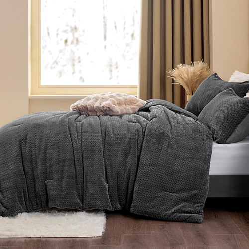 Fluffy Queen Comforter Set - Furry Grey Leaves Pattern Faux Fur Bed Set, Winter - Picture 7 of 12