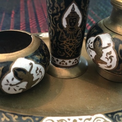 SALT & PEPPER SHAKER TOOTHPICK HOLDER TRAY SET ENAMEL & BRASS India Thai vintage - Picture 9 of 12