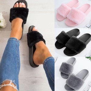 Women-039-s-Flat-Fur-Fluffy-Plush-Slip-on-Sliders-Slippers-Sandals-Flip-Flops-Shoes