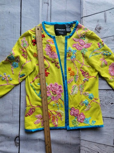 Michael Simon Cotton Embroidered Ribbon Neon Green Open front Cardigan M READ - Picture 8 of 13