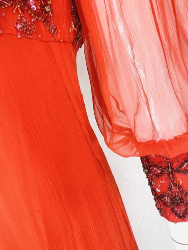Vintage NORMAN NORELL I. MAGNIN Red Bead Sequin Chiffon Frill Evening Gown Dress - Picture 8 of 12