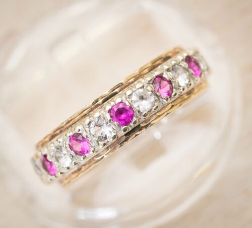 Vintage 9ct Yellow & White Gold Full Eternity Ring - Lab Created Pink Sapphires - Picture 8 of 11