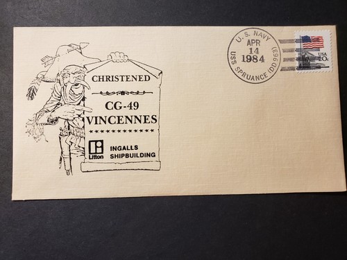 USS VINCENNES CG-49 Naval Cover 1984 CHRISTENED Cachet USS SPRUANCE DD-963 - Picture 1 of 2