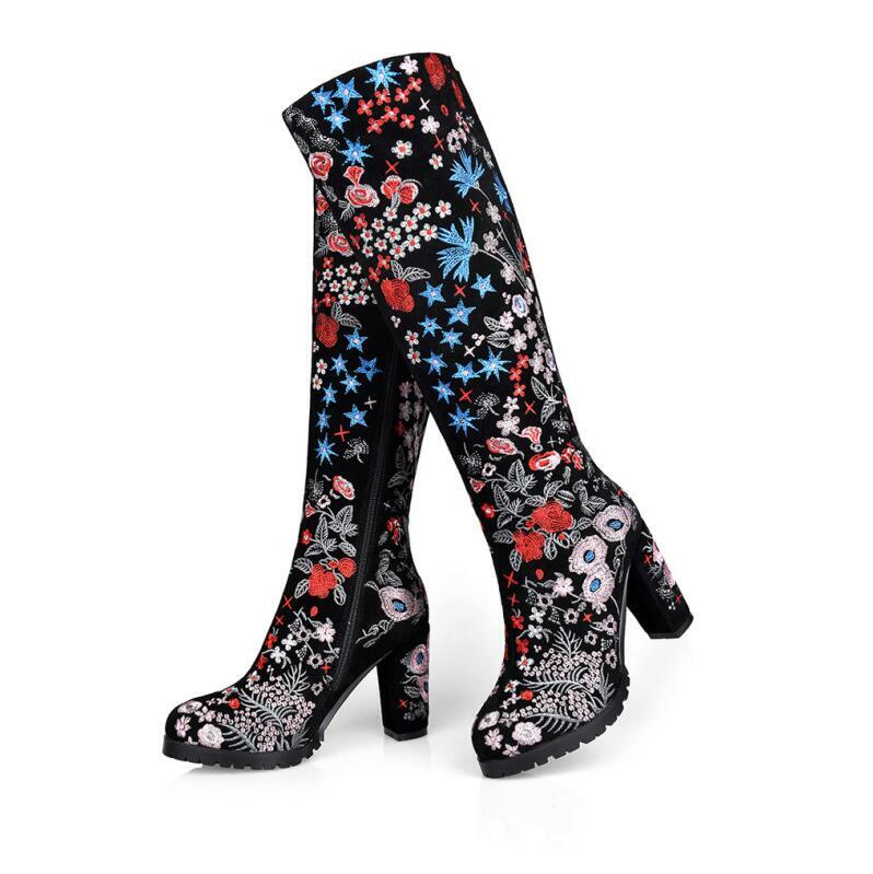 Ethnic Womens High Heel Knee High Boots Embroidered Floral