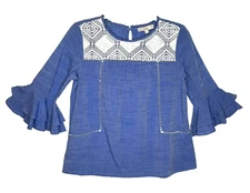 LOFT Crochet Chambray Bell Sleeve Top Womens Size S Blue