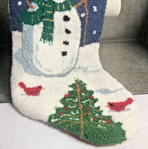 Vtg Snowman Christmas Stocking Snow Cardinal Holiday 18" Needlepoint Hooked Yarn - Picture 3 of 8