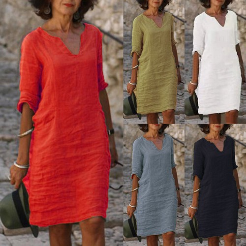 Plus Mujeres Algodón Lino Midi Vestido Dama Escote en V Verano Playa Vestido Solero Boho Holgado